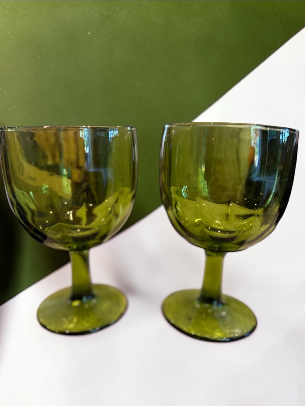 Vintage Avocado Green Glass Goblets Pair Heavy Stemmed Schooner Beer Wine MCM